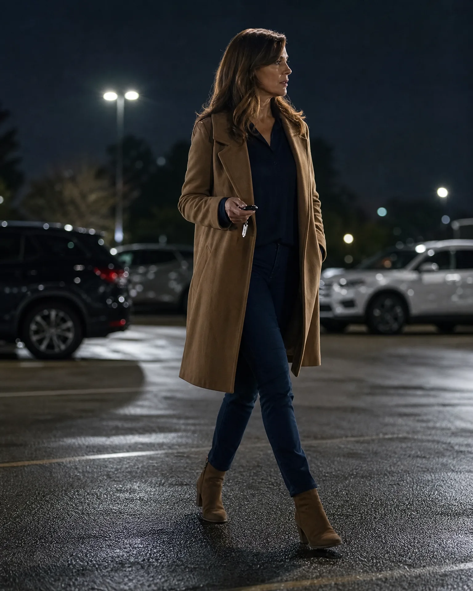 A woman in a tan coat, dark shirt, dark jeans and brown ankle boots walks across a wet parking lot at night, holding a phone, with parked SUVs and a lit lamp post behind her.