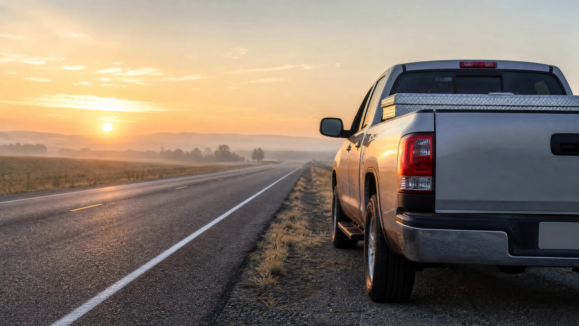 A silver pickup truck parked on the gravel shoulder of a two-lane road, seen from behind, with flat fields, distant hills and a low sun at the horizon.