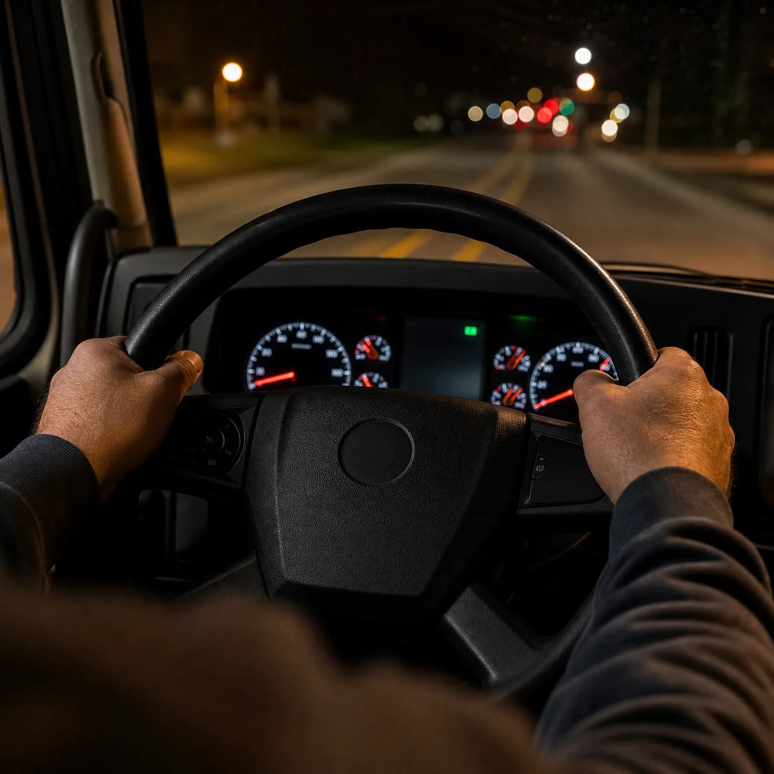 View from a driver's seat at night, with two hands gripping a steering wheel, an illuminated instrument cluster, and a dark road with blurred lights ahead through the windshield.