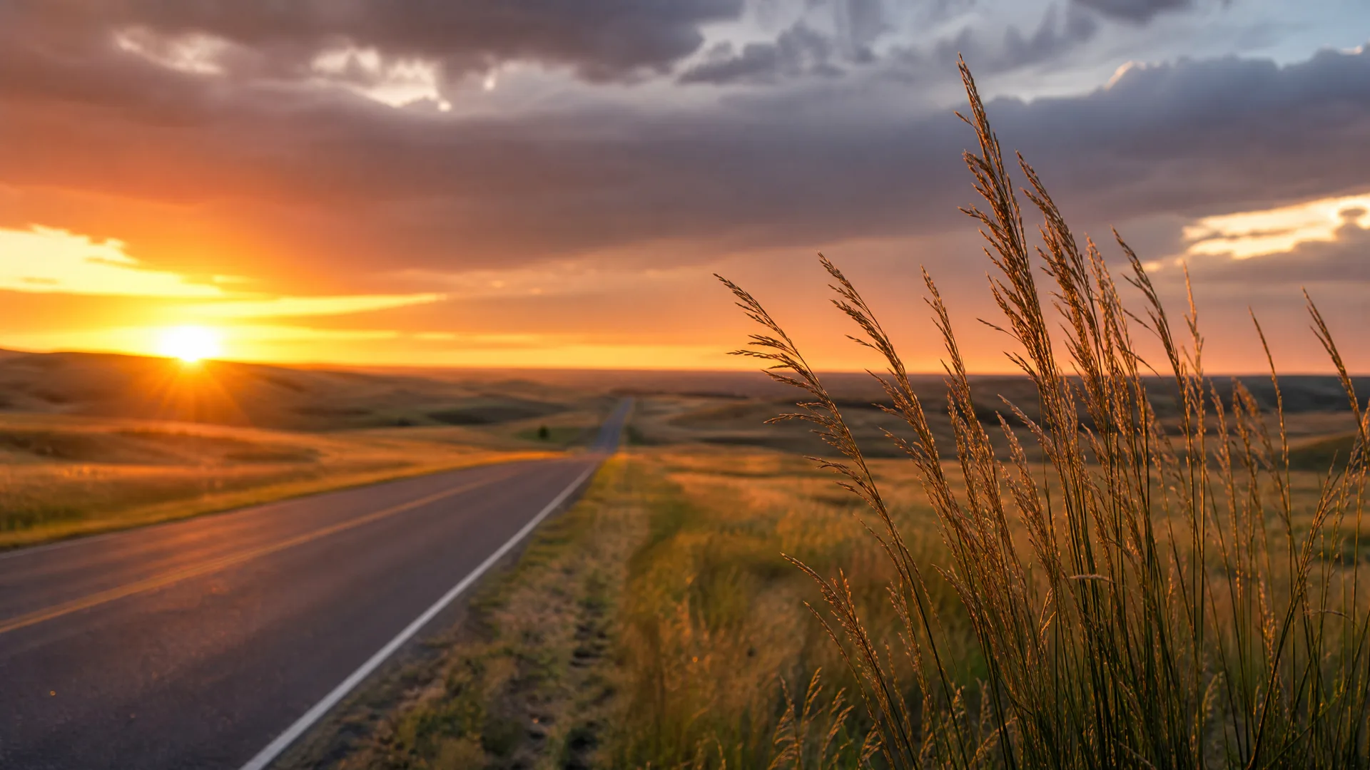 A two-lane paved road runs through rolling grassland toward the horizon at sunset, with tall seed-topped grasses in the right foreground and orange clouds overhead.