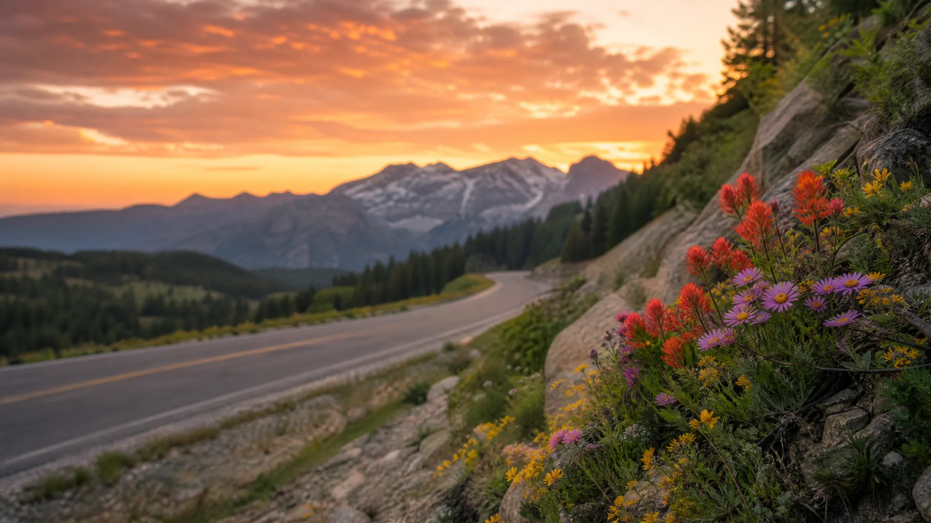 A curving two-lane paved road passes below a rocky slope covered in red, purple, and yellow wildflowers, with conifer forest and snow-streaked mountains under an orange sunset sky.