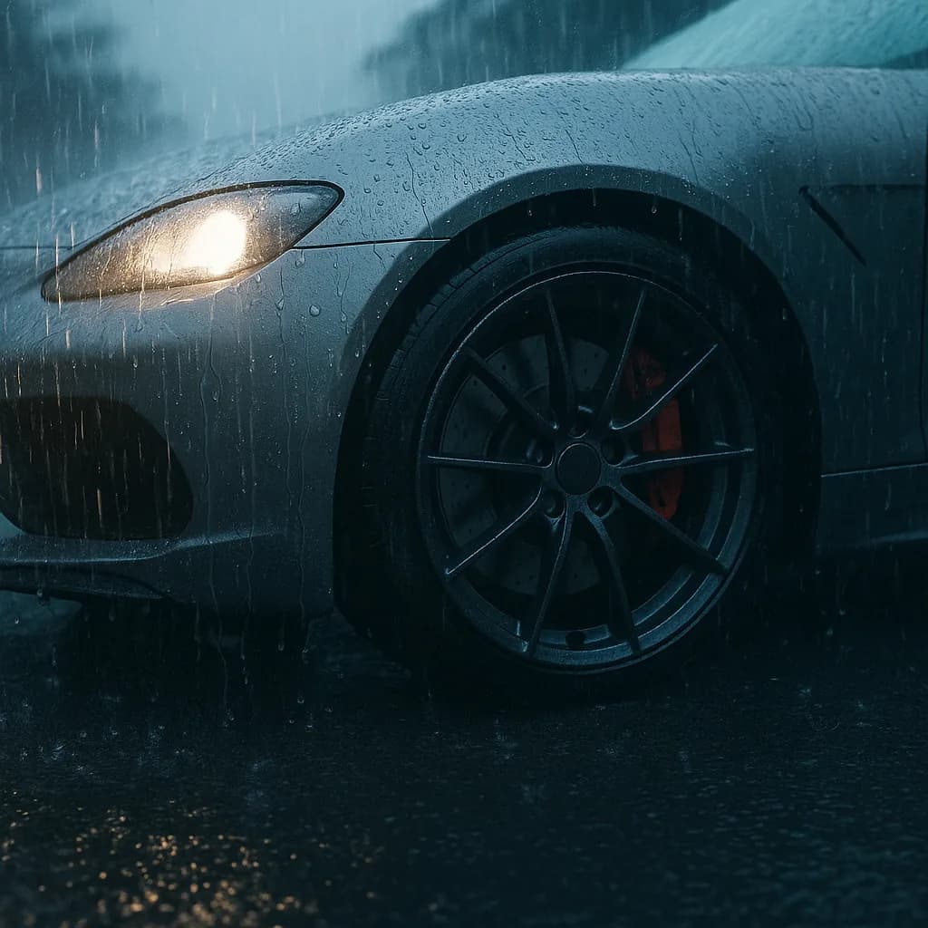Sports car with illuminated headlight and black alloy wheel in heavy rain with water droplets on dark paint