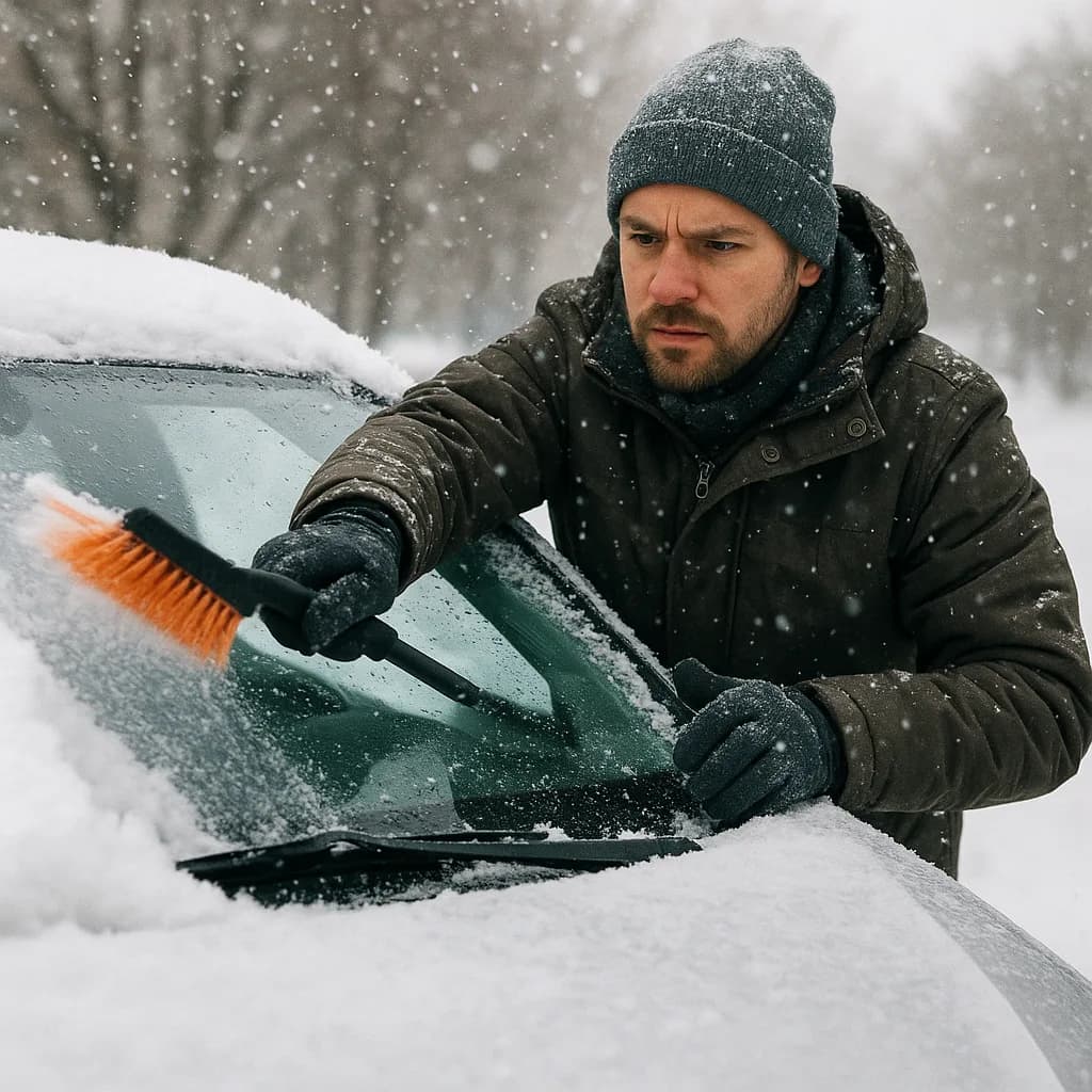 Man in winter coat and beanie clearing snow from car windshield with brush during snowfall