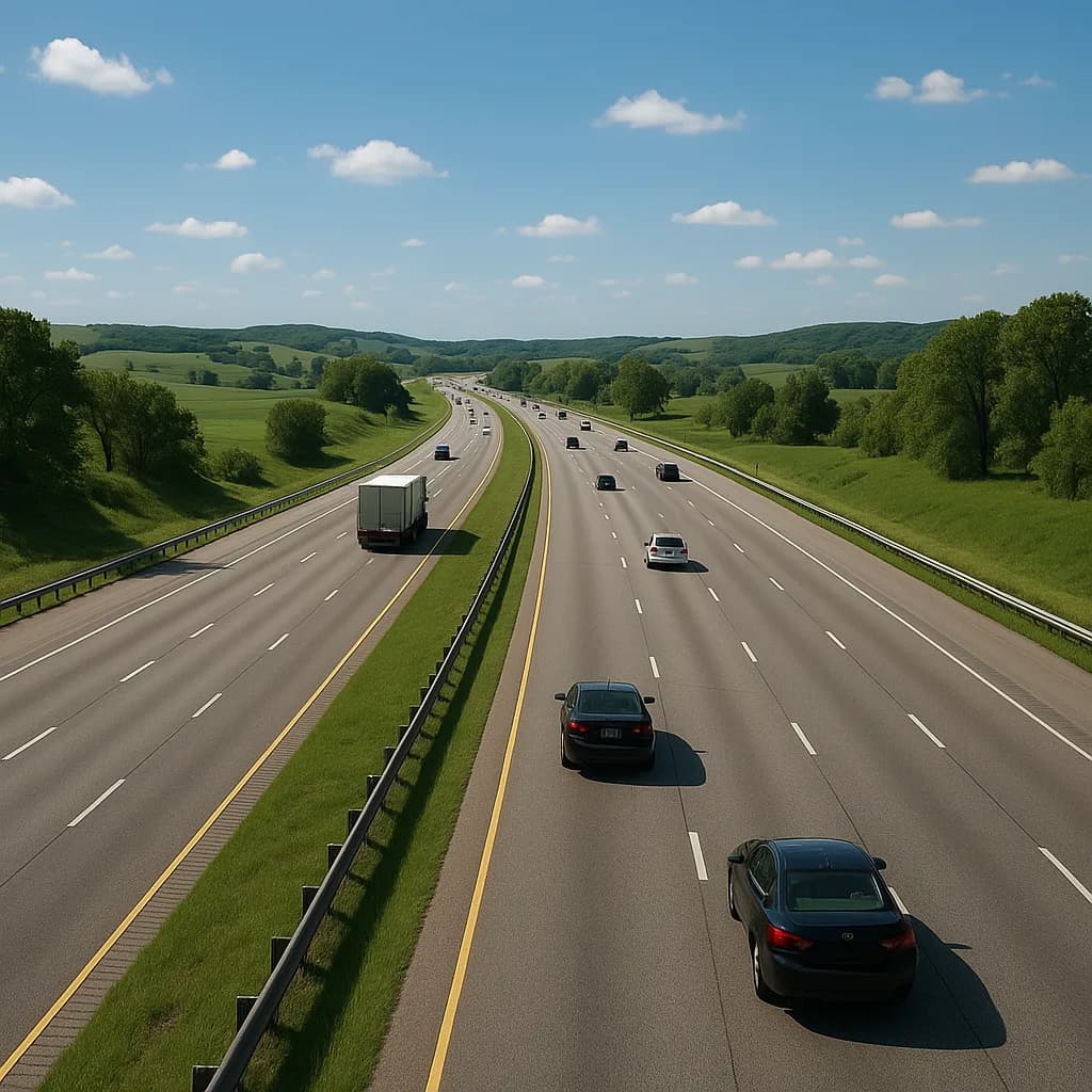 Aerial view of highway with cars and truck traveling through green rolling hills under blue sky