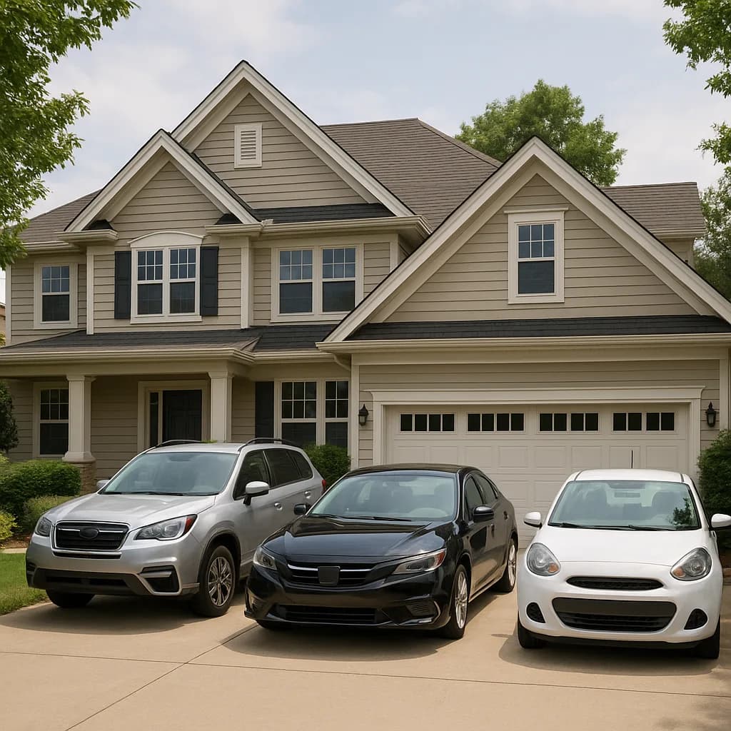Three cars parked in driveway of beige two-story suburban house with white trim and multiple gables
