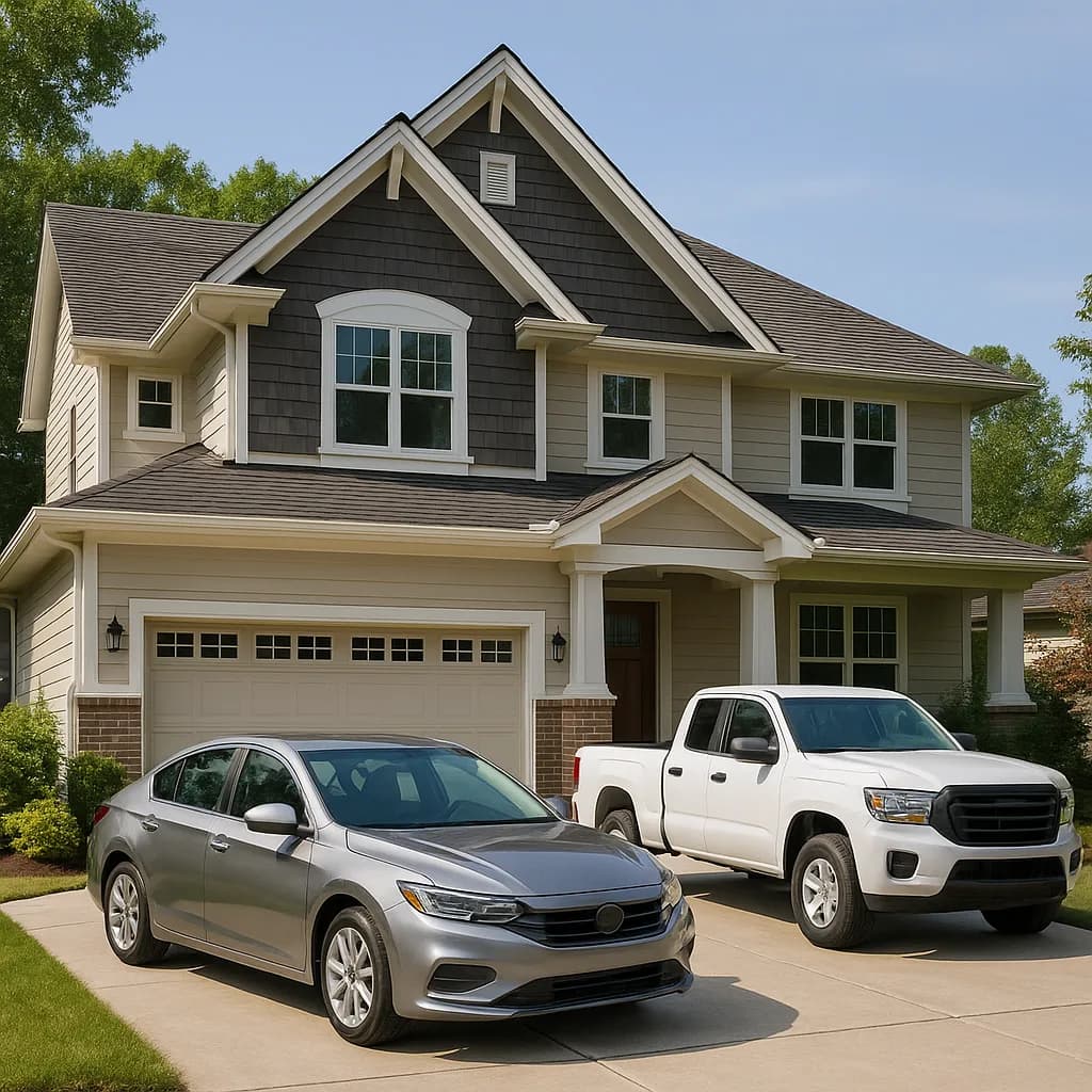 Modern two-story house with silver sedan and white pickup truck parked in driveway
