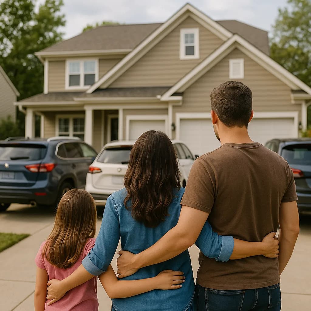 Family of three embracing while looking at their suburban home from the driveway