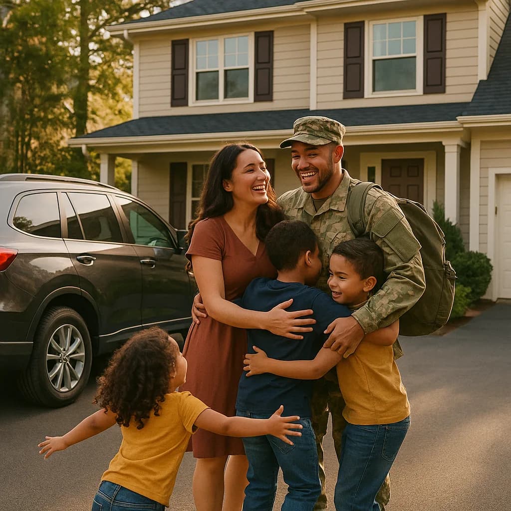 Military service member in uniform reuniting with spouse and three children in front of suburban home