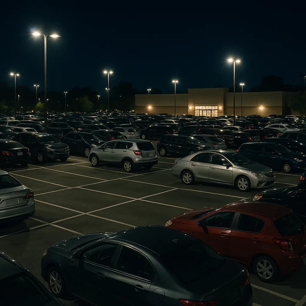 Crowded parking lot at night with street lamps and commercial building in background