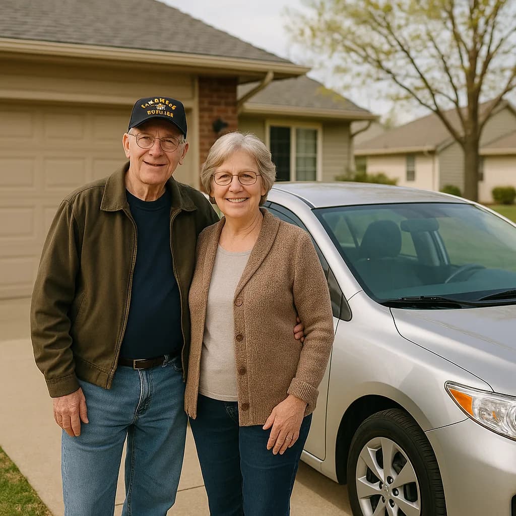 Happy senior couple standing in front of their house next to a silver car in the driveway