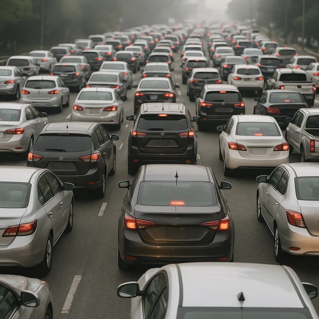 Dense traffic jam on foggy highway with many cars showing brake lights in heavy congestion
